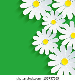 3d cut paper flower chamomile, spring background abstract. Floral vector green background. Vector illustration