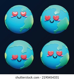 3d Cute and adorable Earth emoji character emoticons vector set. 3d cartoon Earth icons.