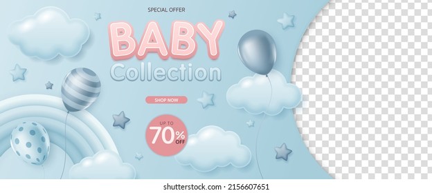 Banner horizontal de venta de moda para bebés y niños. Pancarta de la ducha para la tienda de bebés. Ropa y juguetes para niños, compras en línea, Promoción de la moda para bebés en medios sociales, diseño de anuncios web, sitio web