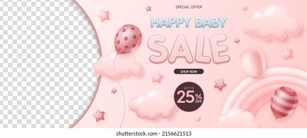 3d Cute baby girl and kid fashion sale horizontal banner. Baby shower for kid shop. Children's clothing and toy, online shop, Sales promotion on social media, web ads, website, fair and expo. vector