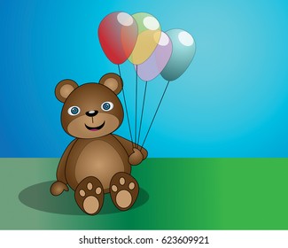 3d cute bear cub playing in the yard, holding a balloon and sitting on the grass with a bright blue sky