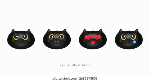 3D lindo gato negro de dibujos animados diferencia de emociones de la cara.