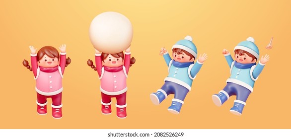 3D Cute boy and girl in winter wear. Illustration of kids with a girl carrying glutinous rice ball overhead and boy holding a spoon on his right hand