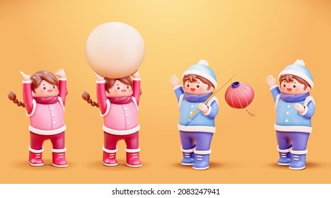 3D Cute boy and girl in winter wear. Illustration of kids with a girl carrying glutinous rice ball over head and boy holding a lantern and waving