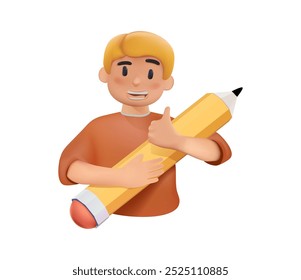 3D Niedlicher Junge, der Bleistift hält. Illustration über Bildung. Student hält Bleistift, erforscht und baut Wissen. Lernen, Onlinekurs und -training, zurück zur Schule