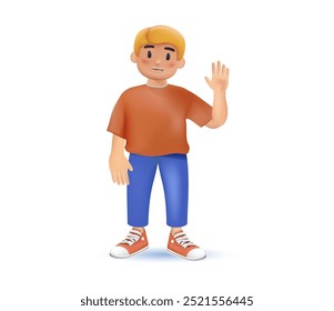 3D Lindo niño sonriendo y mostrando su gesto. Expresión de cara alegre del carácter alegre del niño feliz adorable. Chico preescolar inteligente, personaje de chico. Ilustración vectorial 3D aislada sobre fondo blanco