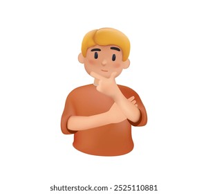 3D Cute boy thinking gesture. Little schoolboy thinking confused with question mark. Kid character feel curious, education concept in 3D cartoon style. Vector illustration