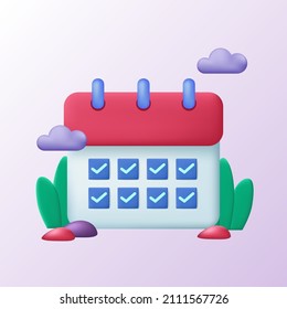 3d Cute Calendar Icon With Check Mark Approve Planning Daily List Or Task Job Agenda Illustration