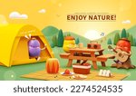 3D cute camping poster. Adorable characters picnicking and enjoying music in nature with beautiful sunset.