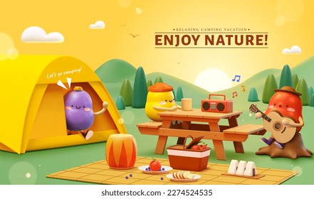 3D cute camping poster. Adorable characters picnicking and enjoying music in nature with beautiful sunset. - Shutterstock ID 2274524535