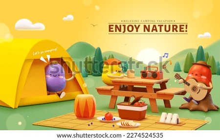3D cute camping poster. Adorable characters picnicking and enjoying music in nature with beautiful sunset.