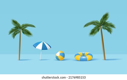 3d cute cartoon beach toys, including palm trees, umbrella, ball and swimming ring. Suitable for summer party decorations.