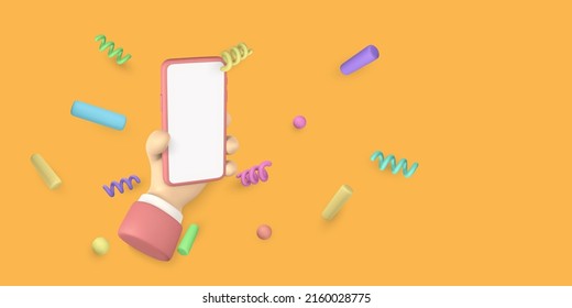 3D Cute cartoon character hand holding mobile smart phone with confetti flying around. Vector illustration.