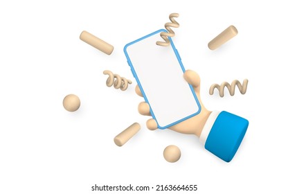 Mano de personaje de caricatura 3D Cute sosteniendo teléfonos inteligentes móviles con confeti volando por ahí. Ilustración vectorial.