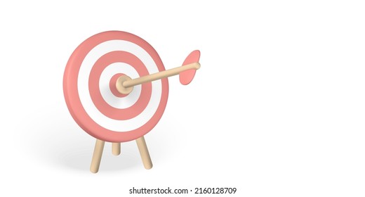 La flecha de dardo de dibujos animados tridimensionales impacta en el centro del objetivo. Objetivo de financiación empresarial. objetivo del éxito. Ilustración vectorial.