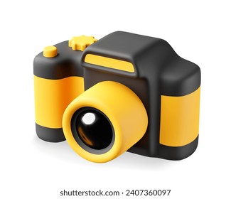 3D Cute Cartoon Digital Photo Camera in Black and Yellow Colors Isolated on White Background. Design Element for Photo or Video blog, SMM or Promotion Concepts. Vector Illustration of 3D Render