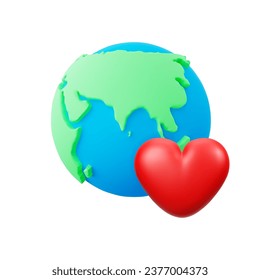3D Cute Cartoon Earth and Heart Isolated on White Background. Concept of Caring for Living Planet or International Mother Earth Day. Vector Illustration of 3D Render.