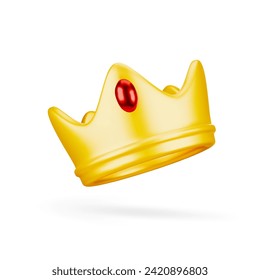 3D Cute Cartoon Golden Royal Crown with Gemstone, Isolated on White Background. Symbol for Win, Success, Luxury or Power. Vector Illustration of 3D Render