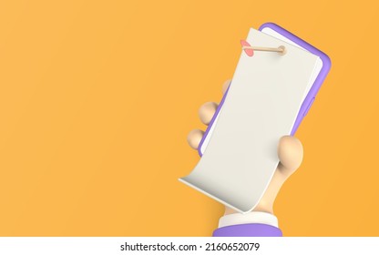 3D Cute cartoon hand holding mobile smart phone with document or bill nailed to screen. Vector illustration.