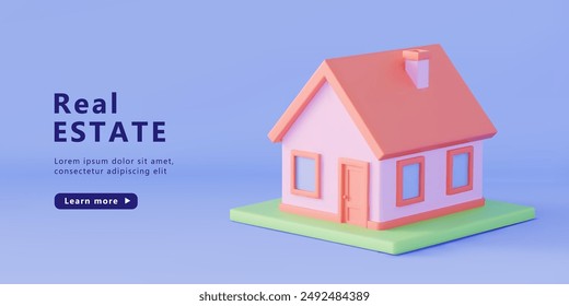 3d cute cartoon house with red roof on blue background. Real estate concept. Online service for home to buy or sale. Vector illustration of 3d render for web layout.
