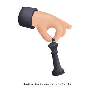 3D cute cartoon illustration of hand with king. 3D vector chess figure in arm cartoon style. High ambitions. Strategy or intelligence icon. Tactic thinking. Board game. Isolated