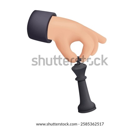 3D cute cartoon illustration of hand with king. 3D vector chess figure in arm cartoon style. High ambitions. Strategy or intelligence icon. Tactic thinking. Board game. Isolated