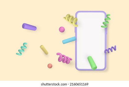 Teléfono móvil inteligente de dibujos animados 3D con confeti volando por ahí. Ilustración vectorial.