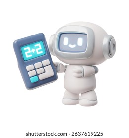 3d Cute cartoon robot holding calculator. Education chat bot. Virtual assistant. Technology and online learning. Artificial intelligence. Rendering. Vector illustration. Isolated background.