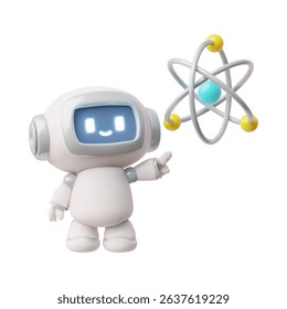 3d cute cartoon robot pointing at atom model, chatbot, technology and education. Virtual assistant. Online learning. Artificial intelligence. Vector illustration. Isolated background.