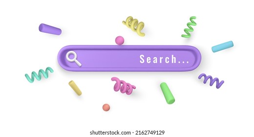 3D Cute Cartoon Search Bar Design Element In Minimal Style On Light Background With Confetti Flying Around. Vector Illustration.