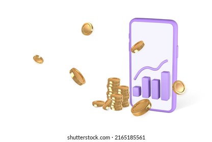 3D Cute cartoon smart phone with stock trading graph and flying coins. Business graph. Business invest development concept. Vector illustration.