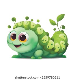 3d Cute cartoon smiling bright green caterpillar with spots and big friendly eyes. Happy fun beautiful cartoon insect on white background. Vector textured design. Butterfly.