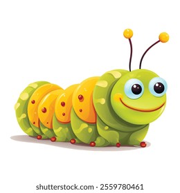 3d Cute cartoon smiling green yellow caterpillar with red spots and big friendly eyes. Happy fun beautiful cartoon insect on white background. Vector textured design. Butterfly.