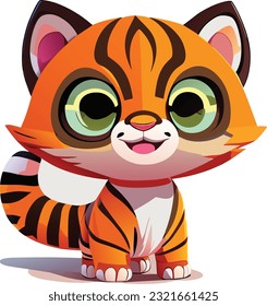 A 3D cute cartoon tiger would likely have large, round eyes that are expressive and filled with innocence. Its face would feature soft and rounded features, giving it an adorable appearance.