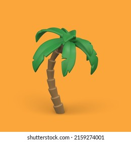 3D Cute cartoon tropical palm tree. Realistic jungle tree on orange background. Summertime object. Vector illustration.