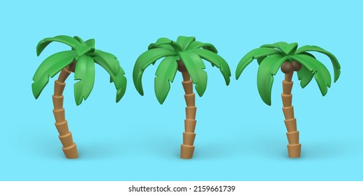 3D Cute cartoon tropical palm tree. Realistic jungle tree on blue background. Summertime object. Vector illustration.