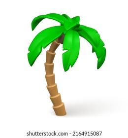 3D Cute cartoon tropical palm tree. Realistic jungle tree on white background. Summertime object. Vector illustration.