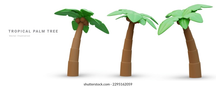 3D Cute cartoon tropical palm tree. Realistic jungle tree on blue background. Summertime object. Vector illustration.