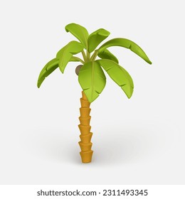 3D Cute cartoon tropical palm tree. Realistic jungle tree on white background. Summertime object. Vector illustration.