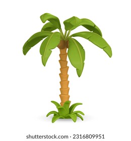 3D Cute cartoon tropical palm tree. Realistic jungle tree on white background. Summertime object. Vector illustration.