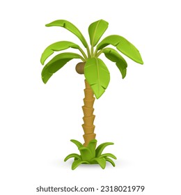 3D Cute cartoon tropical palm tree. Realistic jungle tree on light background. Summertime object. Vector illustration.