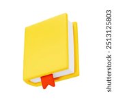 3d cute cartoon yellow closed book with red bookmark isolated on white background. Design element for education, library services or bookshop concepts. Vector illustration of 3d render.
