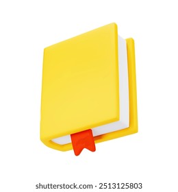 3d bonito cartoon amarelo livro fechado com marcador vermelho isolado no fundo branco. Elemento de design para conceitos de educação, serviços de biblioteca ou livraria. Ilustração vetorial de renderização 3d.