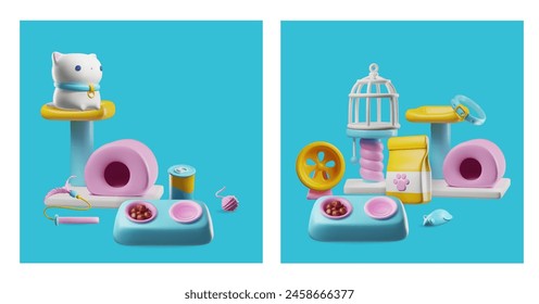 3d cute cat, feed pet bowl and metal can, cat house cage. Cartoon pet toys, accessories and food, entertainment supplies realistic vector illustrations set. Cat playground, pet shop product