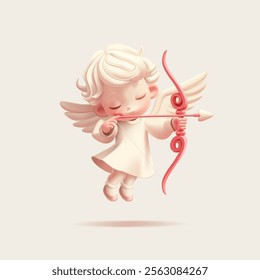 3D cute character of cupid, cupid shooting arrows from a bow at lovers. Flying cupid, symbol of god for lovers, weddings, love, anniversaries. Vector