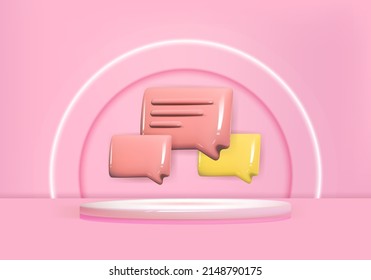 3d cute chat speech bubble. Minimal 3D scene product display circle podium background pink color.