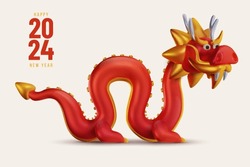3d Cute Chinese Red Dragon In Cartoon Realistic Style. Funny Festive Traditional Character Concept Design For Background Banner, Cover. Holiday Art Element Or Symbol New Year. Vector Illustration.