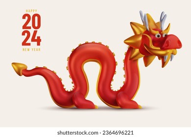 3.º lindo dragón rojo chino con un estilo realista de caricatura. Gracioso diseño de carácter tradicional festivo para banner de fondo, portada. Elemento artístico de vacaciones o símbolo de año nuevo. Ilustración vectorial.