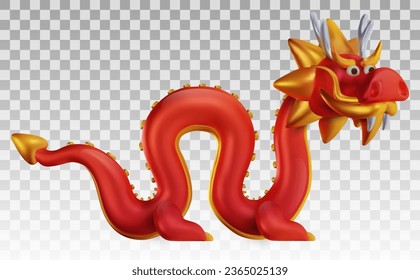 3d cute chinese red dragon in cartoon realistic style. Funny festive traditional character concept design for background banner, cover. Holiday art element or symbol new year. Vector illustration.