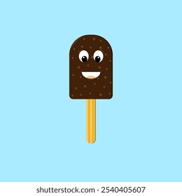 Carácter lindo del helado de vainilla del chocolate 3D con la manija de madera. Ilustración vectorial